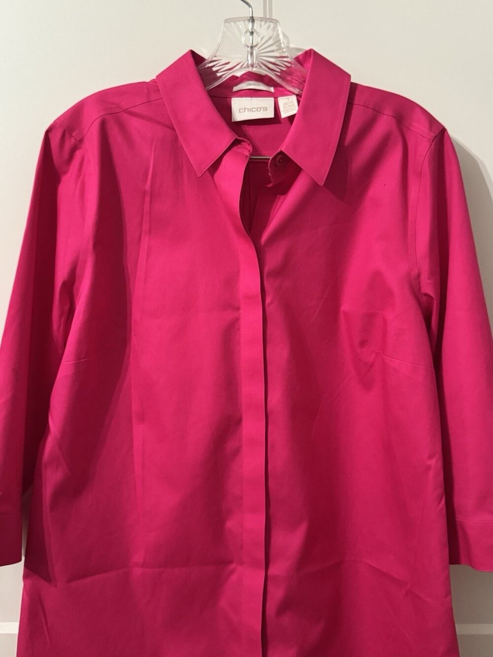 Chicos Women's Fuchsia 3/4 Sleeve Shirt Tunic Sz 1 Sz M Office LagenLook Artsy
